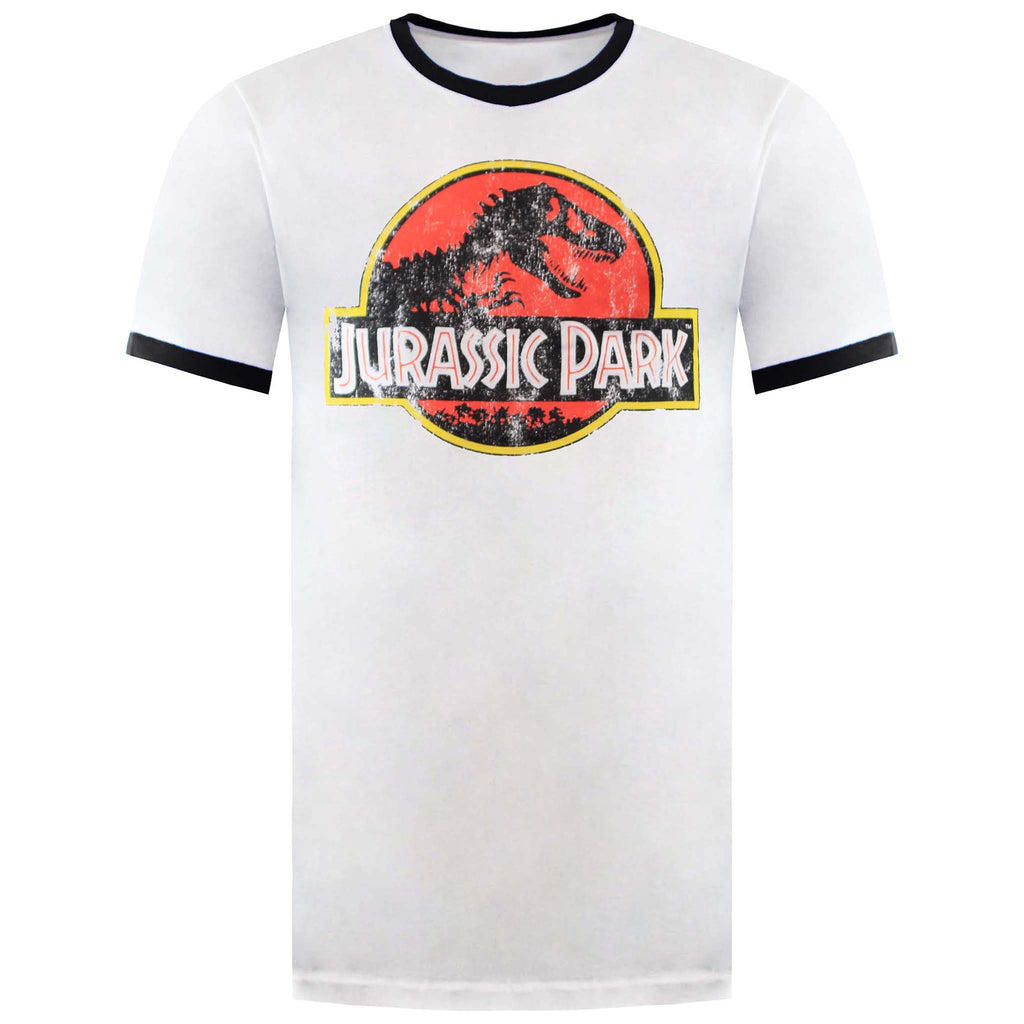 Jurassic Park Distressed Logo Mens White Ringer T-Shirt