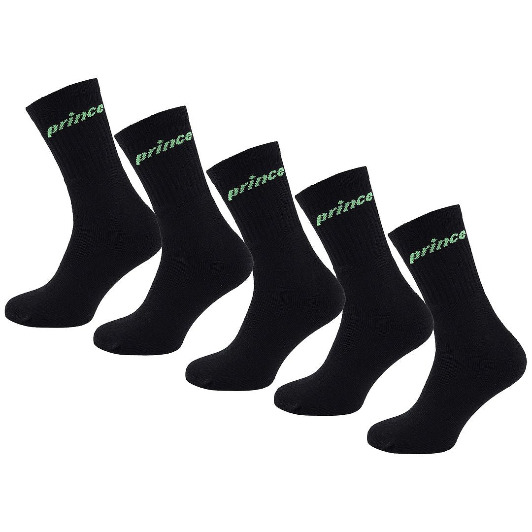 Prince Tennis 5-Pack Mens Black/Green Cushioned Socks