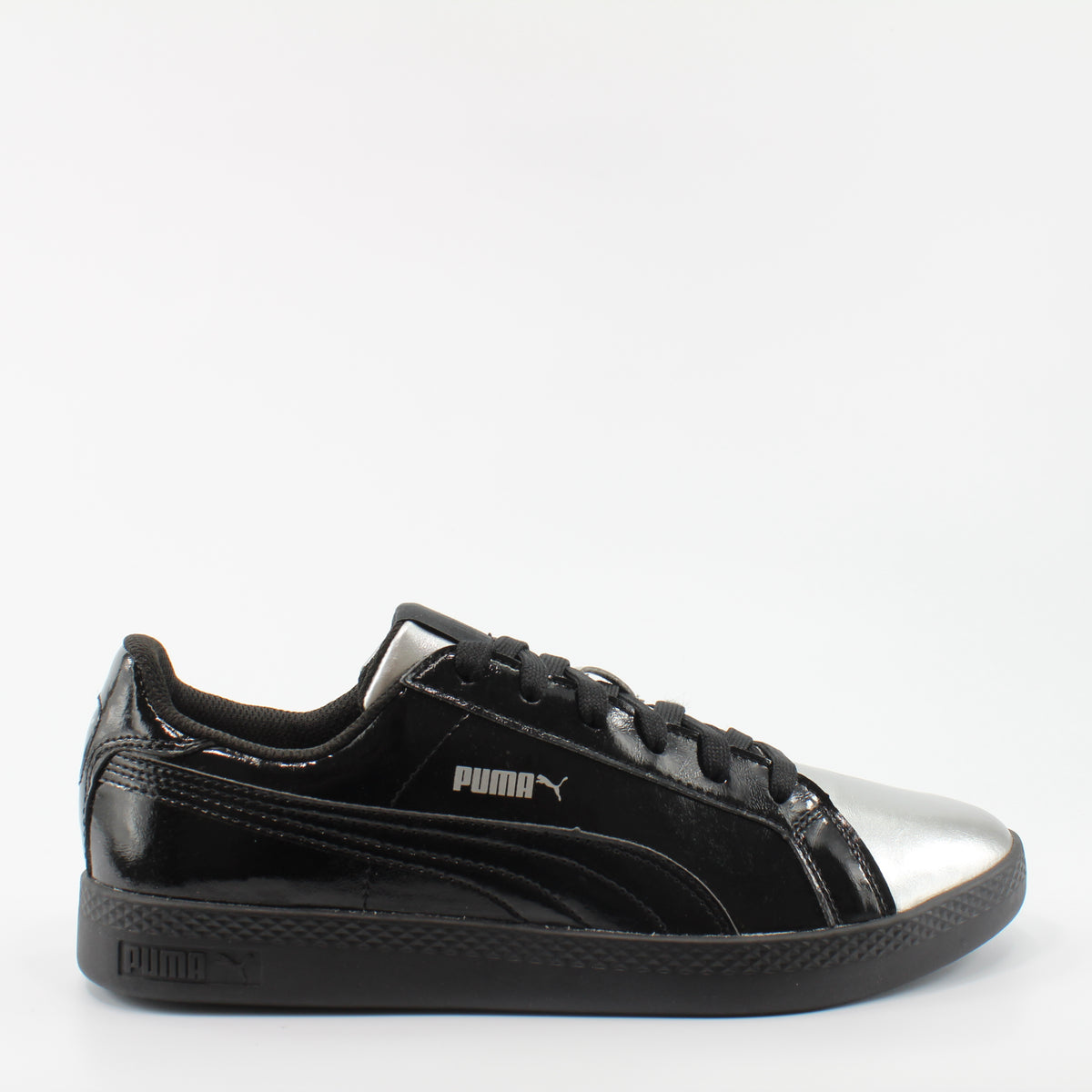 Puma Smash Metallic Black Leather Womens Lace Up Trainers 363611 02