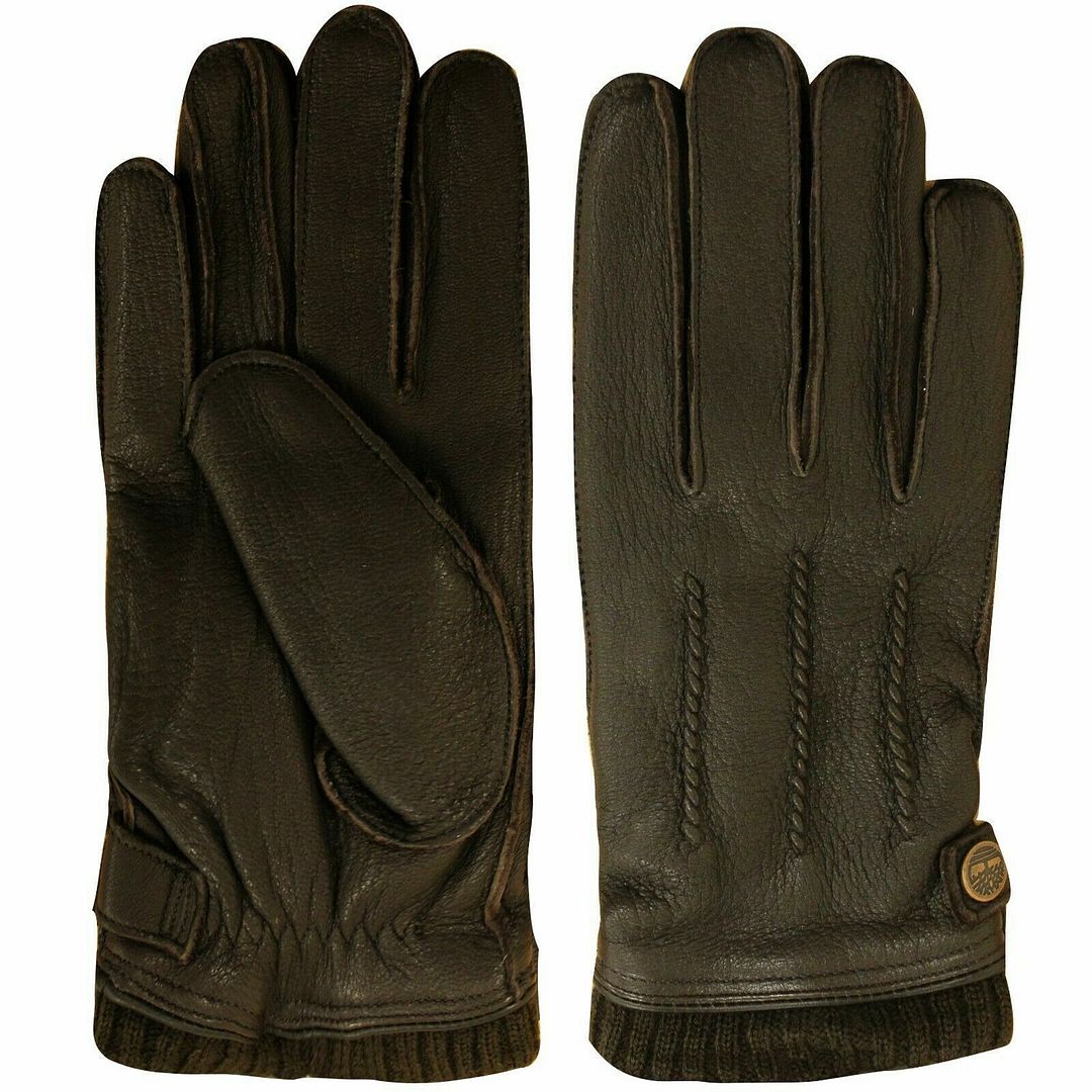 Timberland Dark Brown Mens Leather Winter Rub Cuff Gloves