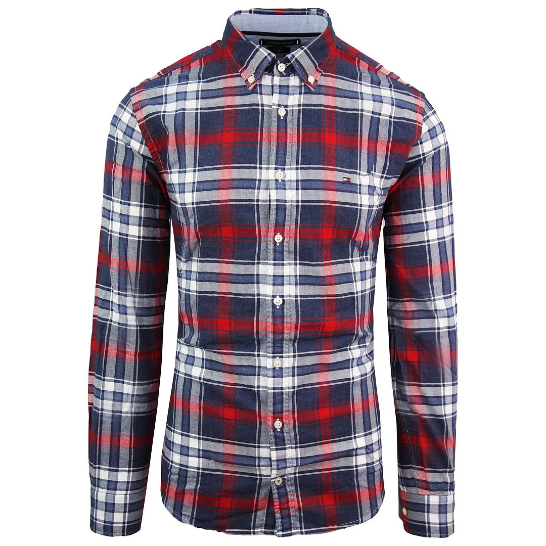 Tommy Hilfiger  Collared Checkered Navy Red Mens Casual Shirt MW0MW07804 902